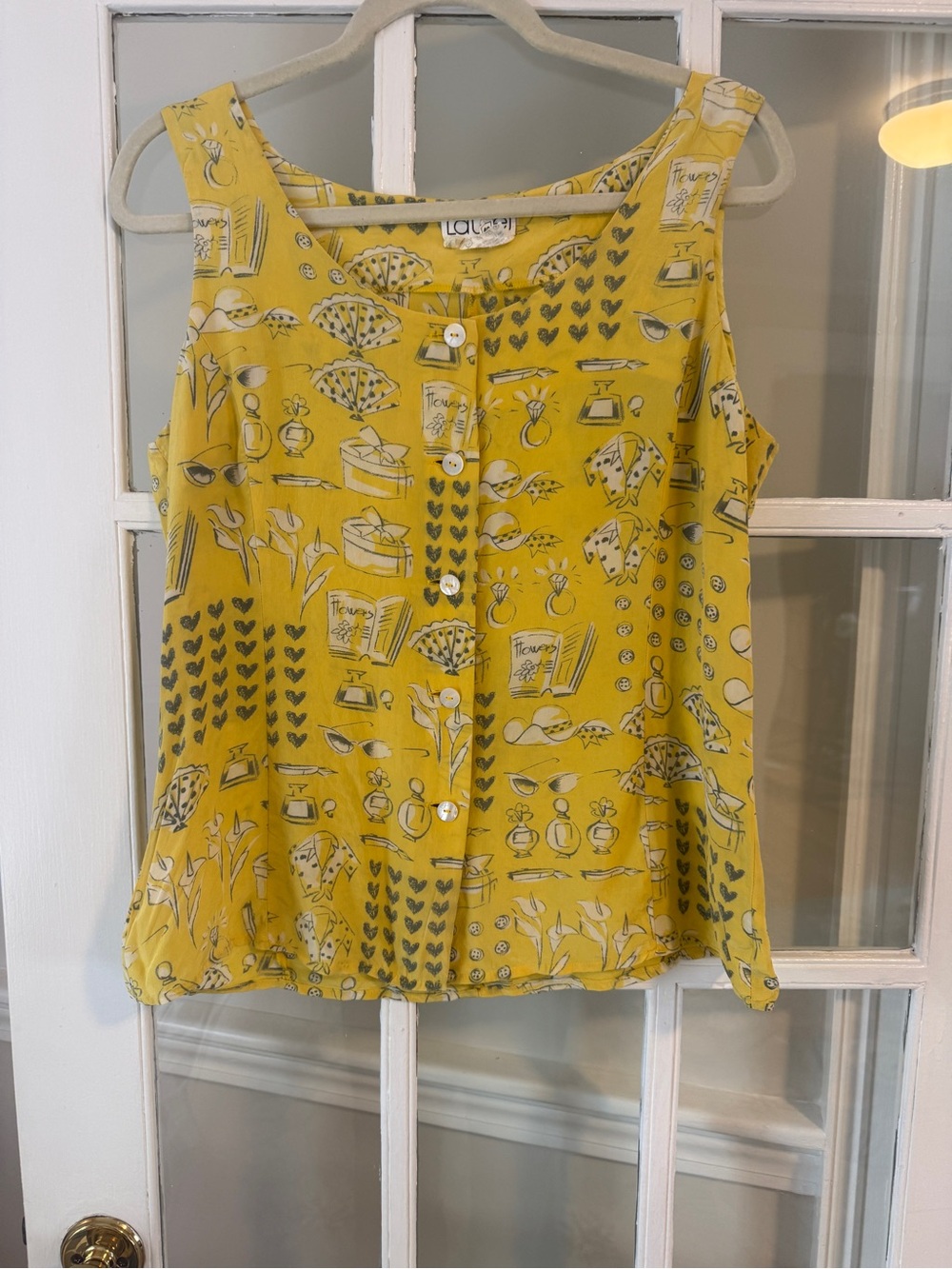 Laurèl Vintage Silk Yellow Printed Button-Front Tank Top